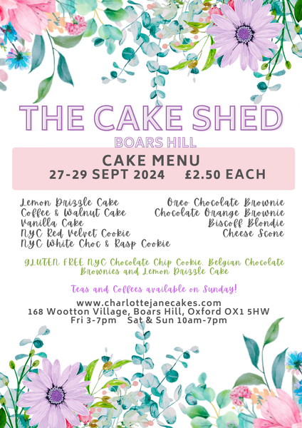 Cake Shed Menu for weekend 27-29 September